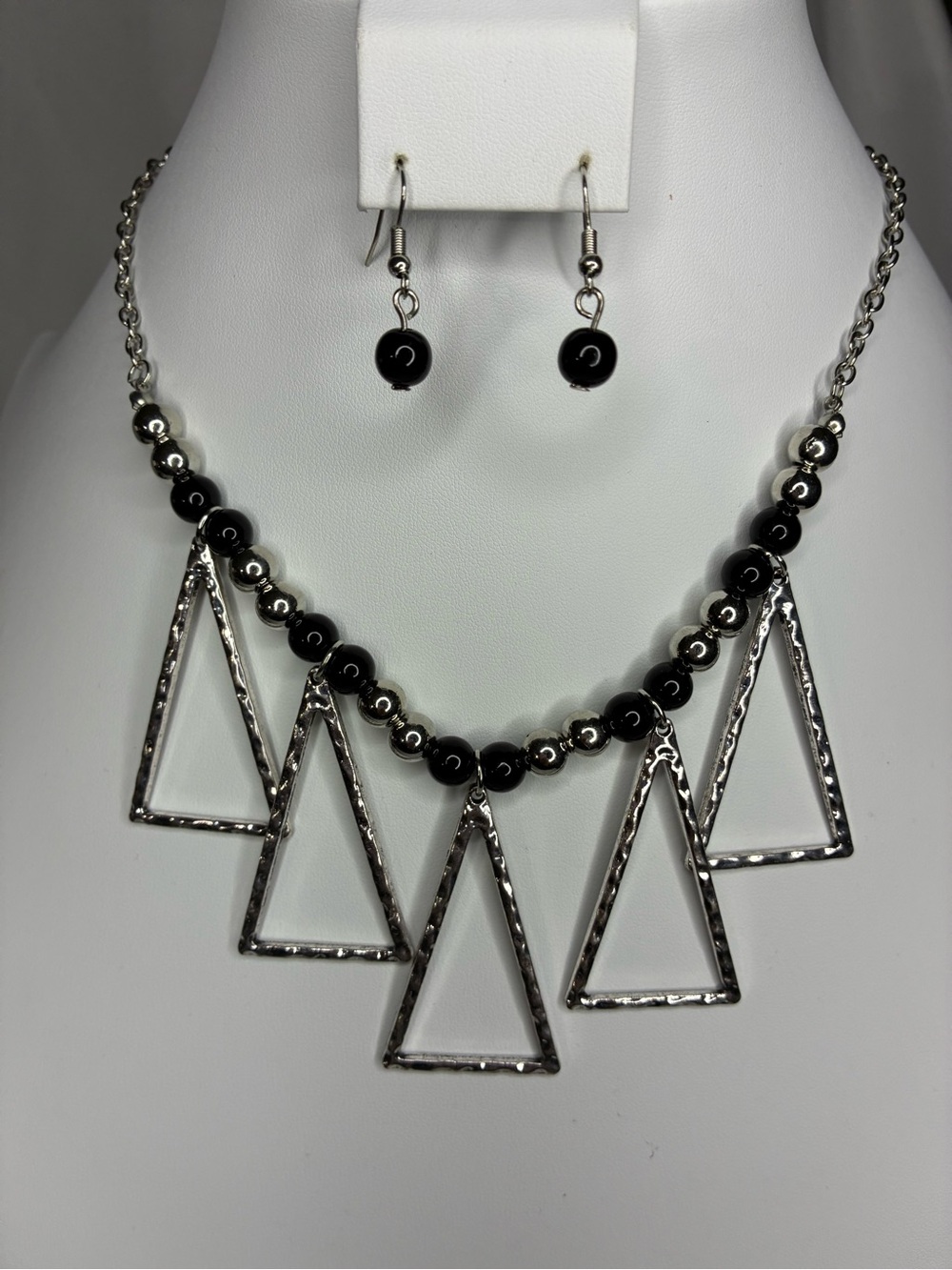Silver Geometric Triangle Necklace with Black Beads Earrings Set- Women Jewelry
